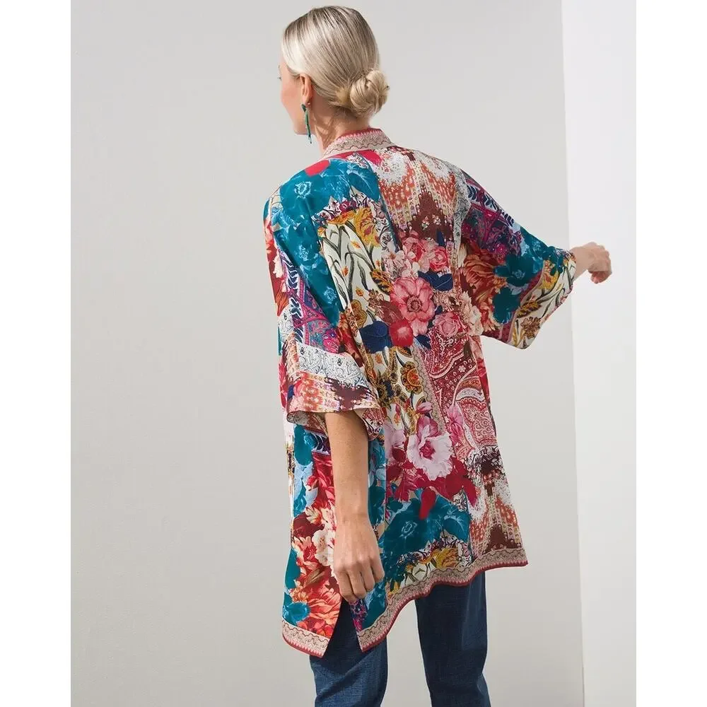 Chico's Kimono Tapestry Floral Mid Tunic Top Floral S/M Boho Flowy Cardigan S/M - Picture 7 of 7